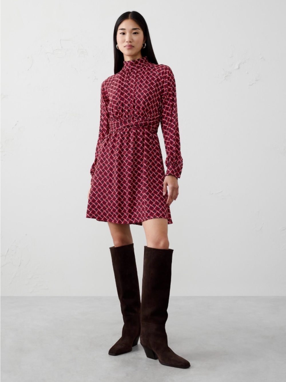 Banana Republic Factory Twisted-Waist Mini Dress Burgundy Geometric Print